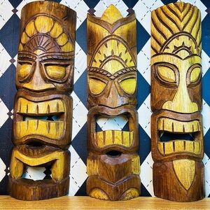 Carved Wood 20” Tiki Masks Set of Three Mid-Century Tropical Wall Décor